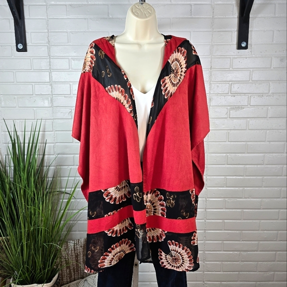 Chicos Red Floral Faux Suede Open Front Kimono Large Extra Large